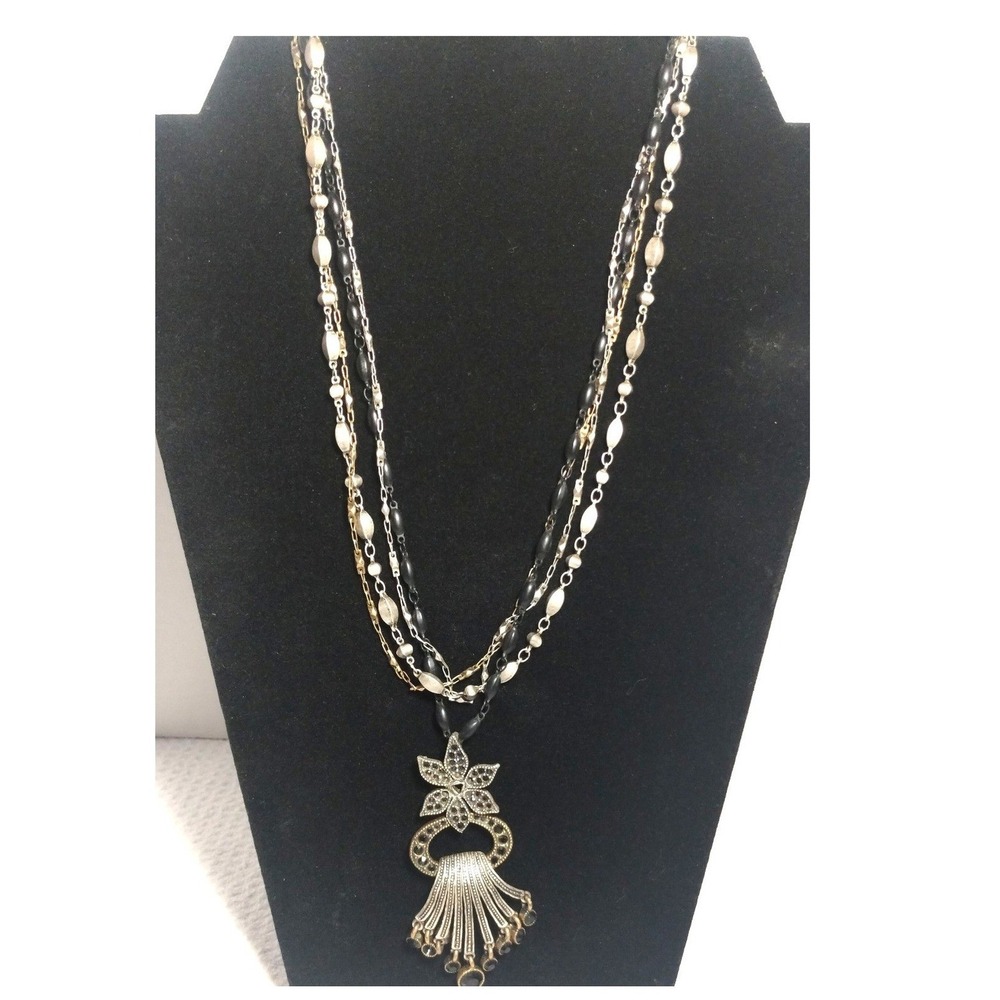 Chicos Mixed Metal Layered Necklace Black Silver Gold Tassel Pendant Floral Boho
